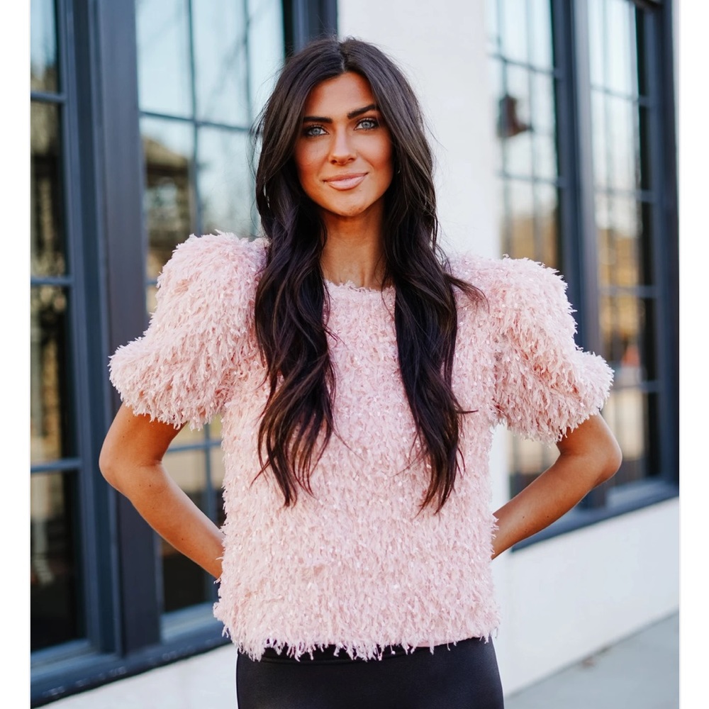 English Factory Pink Textured Puff-Sleeve Blouse